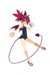  1girl bracelet demon_girl demon_tail demon_wings disgaea disgaea_rpg earrings etna fang full_body goggles goggles_on_head jewelry official_art open_hand open_mouth pointy_ears red_eyes red_hair sandals school_swimsuit solo swimsuit tail transparent_background twintails w wings 