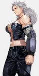  1girl absurdres bandages belt breasts cleavage corset cowboy_shot cross dorohedoro earrings highres jewelry large_breasts long_hair messy_hair midriff muscle muscular_female navel noi_(dorohedoro) pants parted_lips red_eyes smile solo tall_female toned white_hair yoshio_(55level) 