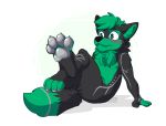  4_toes 5_fingers anthro biped black_body blush canid canine canis fingers foot_focus fur green_body green_fur hi_res male mammal mystery_dog neck_tuft nervous nude pawpads paws sfw_nudity shepy_vilkavos silver_markings sitting solo solo_focus toes tuft wolf 