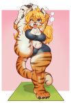  anthro black_clothing blonde_hair blue_eyes blush bodily_fluids bottomwear bulge claws clothing felid female flexible fur fur_tuft hair hi_res long_hair long_tail looking_at_viewer mammal midriff one_eye_closed one_leg_up open_mouth orange_body orange_fur pantherine raised_leg shirt shorts simple_background smile solo solo_focus splits spread_legs spreading stretching stripes sweat tank_top tiger tongue topwear tuft underwear vertical_splits white_body white_fur yoga yoga_mat ziroro326 