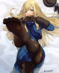  1girl aona_(kuuga19yuu) aqua_eyes bangs black_headwear black_legwear blonde_hair blue_jacket blue_scarf breasts brown_gloves fate_(series) feet gloves grey_rose highres interlocked_fingers jacket leg_up legs long_hair long_sleeves looking_at_viewer lord_el-melloi_ii_case_files lying on_back open_mouth pantyhose reines_el-melloi_archisorte scarf small_breasts soles toes 