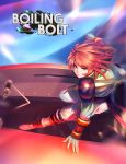  1girl boiling_bolt copyright_name ctiahao dynamic_pose english_commentary floating_hair green_eyes jumping june_(boiling_bolt) logo looking_at_viewer motion_blur red_hair 