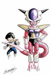  2boys arm_at_side armor arms_at_sides black_bodysuit black_eyes black_hair bodysuit boots bowl_cut clenched_teeth commentary dot_nose dragon_ball dragon_ball_z evil_grin evil_smile fingernails floating frieza full_body gloves grin hand_on_hip highres horns legs_together looking_at_another looking_back looking_to_the_side male_focus multiple_boys official_art open_mouth parted_lips pectorals purple_eyes scared shiny shiny_hair signature simple_background smile son_gohan surprised tail teeth toenails toriyama_akira white_background white_footwear white_gloves wide-eyed 