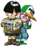  1boy 1girl :o absurdres alternate_costume bandaid bandaid_on_cheek baseball_cap black_eyes black_hair book bow bowl_cut bowtie brown-framed_eyewear brown_footwear clothes_writing commentary creator_connection crossover dr._slump dragon_ball dragon_ball_z dress_shirt eyelashes fingernails full_body glasses green_footwear green_legwear green_neckwear hat highres holding holding_book jacket leaning leaning_to_the_side loafers long_sleeves looking_at_another looking_to_the_side norimaki_arale official_art open_book overalls plaid_jacket purple_eyes purple_hair shiny shiny_hair shirt shoes shorts simple_background socks son_gohan standing straight_hair toriyama_akira toriyama_akira_(character) white_background white_shirt wide-eyed yellow_jacket 