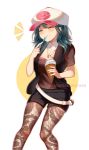  1girl baseball_cap black_shorts blue_hair byleth_(fire_emblem) byleth_(fire_emblem)_(female) closed_eyes closed_mouth commission cosplay eating fire_emblem fire_emblem:_three_houses food food_on_face hat holding holding_spoon ice_cream jewelry necklace pantyhose poke_ball pokemon pokemon_(game) pokemon_bw short_shorts short_sleeves shorts simple_background snowsakurachan solo spoon touko_(pokemon) touko_(pokemon)_(cosplay) twitter_username 