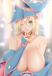  1girl absurdres bare_shoulders blonde_hair blurry blurry_background blush blush_stickers breasts calcio choker cleavage collarbone dark_magician_girl duel_monster eyebrows_visible_through_hair green_eyes hat highres huge_breasts lips long_hair looking_at_viewer one_eye_closed open_mouth pentacle seductive_smile smile solo teeth upper_body wizard_hat yuu-gi-ou 
