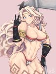  1girl abs amazon_(dragon&#039;s_crown) armlet armor bikini bikini_armor blonde_hair blush_stickers breasts circlet cleavage collarbone contrapposto cowboy_shot dragon&#039;s_crown feathers gloves hair_feathers halberd highres hori_shin long_hair looking_at_viewer medium_breasts muscle muscular_female navel polearm purple_eyes signature smile solo swimsuit tattoo thick_thighs thighs thong_bikini toned v wavy_hair weapon 
