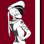  1girl anchor_tattoo back_tattoo character_request closed_mouth from_behind hand_on_hip hat highres iron_cross kantai_collection looking_at_viewer looking_back monochrome nazi nude peaked_cap red_background red_theme sanpaku scar scar_across_eye solo tattoo tocky upper_body 