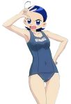  1girl 2014 ahoge annoyed armpits bare_arms blue_eyes blue_hair blue_swimsuit collarbone covered_navel female hand_on_hip name_tag ojamajo_doremi open_mouth pose scan school_swimsuit senoo_aiko short_hair solo swimsuit w 