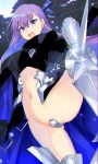  1girl armored_boots bangs blue_eyes blue_ribbon boots crotch_plate eyebrows_visible_through_hair fate/grand_order fate_(series) floating_hair hair_between_eyes hair_ribbon highres iriehana knee_boots long_hair meltryllis midriff navel open_mouth purple_hair ribbon shiny shiny_hair solo sparkle standing stomach very_long_hair white_footwear 