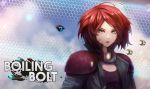  1girl boiling_bolt copyright_name ctiahao floating_hair green_eyes green_jacket highres jacket june_(boiling_bolt) logo looking_at_viewer official_art red_hair short_hair solo 