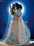  3:4 anthro beach blush breasts clothed clothing dress duo female female/female fish fur hi_res kissing mammal marine married moon romantic_ambiance romantic_couple seaside shark tutifruti_(artist) wedding wedding_dress white_clothing 