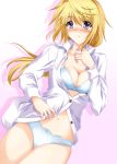  1girl bangs blonde_hair blue_bra blue_panties blush bra breasts charlotte_dunois cleavage closed_mouth collarbone collared_shirt cowboy_shot dress_shirt eyebrows_visible_through_hair floating_hair frown hair_between_eyes infinite_stratos kagura_yuuto long_hair mechanical_pencil medium_breasts navel open_clothes open_shirt panties pencil ponytail purple_eyes shirt simple_background solo standing underwear very_long_hair white_background white_shirt wing_collar 