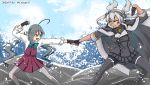  2girls ahoge black_gloves black_legwear black_skirt brown_eyes cape chiwa_(chiwa0617) commentary_request dark_skin dated fist_bump g_gundam glasses gloves grey_eyes grey_hair grey_legwear gundam hair_between_eyes hair_bun halterneck headgear highres kantai_collection kikumon kiyoshimo_(kantai_collection) long_hair low_twintails multiple_girls musashi_(kantai_collection) pantyhose partly_fingerless_gloves pleated_skirt pose remodel_(kantai_collection) school_uniform semi-rimless_eyewear shirt silver_hair skirt sleeves_rolled_up thighhighs twintails twitter_username two_side_up very_long_hair waves white_shirt 