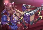  2girls akiyama_rinko bangs blue_hair blush bodysuit breasts brown_hair condom couch covered_nipples cum cum_on_body cum_on_breasts cum_on_lower_body cum_on_upper_body eyebrows_visible_through_hair hair_between_eyes hair_ribbon highres large_breasts long_hair looking_at_viewer lying mizuki_yukikaze multiple_girls on_back oosawara_sadao purple_bodysuit purple_eyes ribbon taimanin_(series) taimanin_yukikaze twintails used_condom 