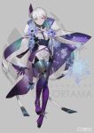  1girl aqua_hair bandaged_arm bandages black_skin blue_hair colored_inner_hair colored_skin expressionless flat_chest full_body gradient_hair hair_between_eyes leggings long_hair multicolored multicolored_hair multicolored_skin nishihara_isao original purple_eyes purple_hair shiny shiny_clothes shiny_hair silver_hair snowflakes solo streaked_hair toenail_polish toes two-tone_skin white_nails 