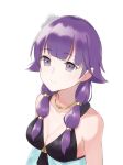  1girl breasts cleavage closed_mouth fire_emblem fire_emblem:_the_sacred_stones fire_emblem_heroes flower hair_flower hair_ornament highres lute_(fire_emblem) purple_eyes purple_hair ruis_bacon simple_background solo swimsuit upper_body white_background 