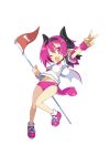  1girl armband belly_peek buruma demon_girl demon_horns demon_tail demon_wings disgaea disgaea_rpg fang flag full_body gym_uniform hairband holding holding_flag horns official_art one_eye_closed open_mouth outstretched_arm pink_buruma pink_eyes pink_footwear pink_hair pointy_ears raspberyl shoes short_hair slit_pupils sneakers solo tail transparent_background v wings wristband 