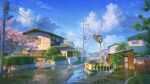  artist_name blue_sky building bush cherry_blossoms cloud commentary_request dankalaning day door english_text grass highres house japan kyoto lamppost no_humans original plant power_lines railing reflection reflective_water road scenery sky tree utility_pole water_drop window 