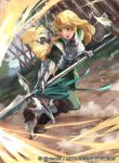  1girl armor bangs blonde_hair blunt_bangs braid breastplate breasts company_name copyright_name day dirt fire_emblem fire_emblem:_three_houses fire_emblem_cipher full_body gauntlets grass green_eyes headwear_removed helmet helmet_removed holding holding_spear holding_weapon ingrid_brandl_galatea long_hair long_sleeves mayo_(becky2006) medium_breasts official_art open_mouth outdoors polearm running shin_guards solo spear teeth watermark weapon 