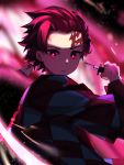  1boy absurdres checkered dbeka0622 earrings facial_mark haori highres holding holding_sword holding_weapon japanese_clothes jewelry kamado_tanjirou kimetsu_no_yaiba looking_at_viewer male_focus red_eyes red_hair scar solo sword upper_body weapon 