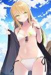 1girl bare_shoulders bikini black_jacket blonde_hair breasts cloud collarbone cowboy_shot day front-tie_bikini front-tie_top green_eyes groin halter_top halterneck hands_up highres jacket long_hair looking_at_viewer navel off_shoulder open_clothes open_jacket original outdoors parted_lips sasahara_wakaba side-tie_bikini sky small_breasts solo standing stomach strap_pull string_bikini swimsuit thighs white_bikini wristband 