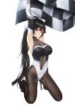  1girl absurdres armpits arms_up azur_lane bangs bare_shoulders bbdaoa_(1446759744) black_footwear black_hair black_legwear blush bow breasts brown_eyes checkered checkered_flag cleavage closed_mouth colored_pencil_(medium) elbow_gloves fingerless_gloves flag gloves hair_bow hair_flaps highres impossible_clothes large_breasts leotard long_hair looking_at_viewer navel pantyhose ponytail race_queen shoes simple_background sitting solo takao_(azur_lane) takao_(full_throttle_charmer)_(azur_lane) traditional_media unitard white_background white_bow 