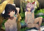  2girls absurdres animal_ears bare_arms bare_legs bare_shoulders black_hair bob_cut bottle bunny_ears bush closed_eyes commentary_request curly_hair daimaou_ruaeru dress eyebrows_visible_through_hair food forest fruit grass headdress highres ice ice_cube inaba_tewi long_hair looking_at_viewer multiple_girls nature open_mouth popsicle purple_hair ramune red_eyes reisen_udongein_inaba short_hair smile soaking_feet stream sucking sundress sunlight touhou tree very_long_hair water watermelon wavy_hair 