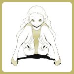  1girl border closed_mouth fingernails hands_up highres leg_hug leotard long_hair looking_at_viewer m_legs original shoes simple_background sitting smile solo tocky v w white_background yellow_border yellow_theme 