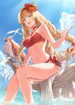  1girl animal athena_(granblue_fantasy) bangs bare_arms bare_legs bare_shoulders bikini bird blonde_hair blue_eyes blush braid breasts choker cleavage day feb_itk flower granblue_fantasy hair_flower hair_ornament hibiscus highres large_breasts long_hair looking_at_viewer medium_breasts nail_polish navel open_mouth outdoors owl red_bikini red_choker red_nails side-tie_bikini sitting smile solo stomach swimsuit thighs tri_braids twin_braids very_long_hair water wet 