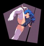  1girl :&lt; animal_ears bangs bare_arms bare_shoulders black_swimsuit blue_hair blush bunny_ears checkered checkered_background closed_mouth ear_clip eyebrows_visible_through_hair from_below holding_leg holding_pole leg_up long_hair no_shoes one-piece_swimsuit pixel_art pole_dancing red_eyes seiran_(touhou) socks solo standing standing_on_one_leg swimsuit takorin thighs touhou white_legwear 