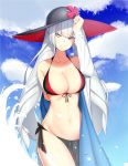  1girl arata_(noneetyesnito) bangs bare_shoulders bikini black_bikini black_headwear blue_sky breasts cleavage closed_mouth collarbone dark_persona fate/grand_order fate_(series) hat highres large_breasts long_hair looking_at_viewer marie_antoinette_(alter)_(fate/grand_order) navel off_shoulder pale_skin sarong shawl silver_hair single_sleeve sky smile sun_hat swimsuit thighs twintails very_long_hair yellow_eyes 