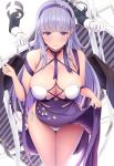  1girl absurdres azur_lane bangs bare_shoulders black_wings blush breasts cleavage closed_mouth criss-cross_halter dido_(anxious_bisque_doll)_(azur_lane) dido_(azur_lane) disembodied_limb dress eyebrows_visible_through_hair gloves hairband halter_dress halterneck highres huge_breasts large_wings lifted_by_self long_dress long_hair looking_at_viewer meropan multiple_hands panties purple_dress purple_eyes purple_hairband purple_headband silver_hair thighs underwear white_gloves white_panties wings 