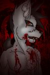  2009 2:3 anthro black_sclera blood bodily_fluids canid canid_demon demon hellhound looking_at_viewer male mammal orange_eyes ponytail_hair scar solo suni-okida wounded 