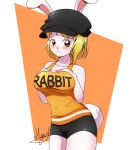  absurdres animal_ears bike_shorts black_headwear blonde_hair blush breasts brown_eyes bunny_ears bunny_girl bunny_nose bunny_tail carrot_(one_piece) furry hands_on_own_chest highres hyunh211 large_breasts one_piece shirt signature tail tank_top tight_shirt white_skin 