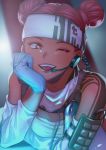  1girl ;d absurdres apex_legends bare_shoulders blue_gloves blush breasts brown_hair cable coiled_cord collarbone commentary dark_skin detached_sleeves double_bun eyelashes eyeliner gloves half-closed_eye headband headset highres intravenous_drip lifeline_(apex_legends) looking_at_viewer makeup mascara medic one_eye_closed open_mouth pink_hair purple_lips short_hair shoulder_tattoo smile solo tattoo unkcncnd upper_body upper_teeth white_headband 