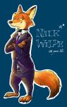  2016 anthro belt blue_background bottomwear canid canine cheek_tuft clothed clothing collar crossed_arms disney facial_tuft fox fully_clothed fur hi_res male mammal necktie nick_wilde orange_body orange_fur pants red_fox shirt shock_collar simple_background smile solo standing suit topwear tuft yao_02 zistopia zootopia 