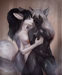  2020 5:6 absurd_res anthro anthro_on_anthro barely_visible_genitalia barely_visible_pussy black_hair blue_eyes blush breasts canid canine canis cheek_tuft chest_tuft dipstick_tail domestic_dog duo facial_tuft felicia_cat female female/female fox fur genitals green_eyes grey_hair hair hand_on_breast hi_res husky long_hair looking_back mammal multicolored_body multicolored_fur multicolored_tail nordic_sled_dog ponytail pussy shower simple_background smile spitz tuft two_tone_body two_tone_fur water wet wet_body wet_fur 