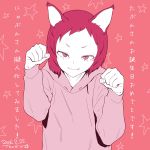  1girl animal_ears cat_ears copyright_request dated fingernails hands_up highres hood hood_down long_sleeves looking_at_viewer paw_pose pink_theme short_hair signature slit_pupils smile solo star_(symbol) tocky upper_body 