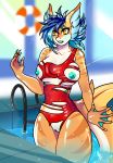  absurd_res anthro areola blue_areola blue_hair blue_nipples blue_tongue blush breasts clothing colored_nails female fin fish genitals gills hair hi_res jyxa kamri2032 looking_down marine nails nipples non-mammal_breasts non-mammal_nipples one-piece_swimsuit open_mouth orange_body orange_eyes pussy red_clothing red_swimwear requiem_shark shark solo swimming_pool swimwear tiger_shark tongue wardrobe_malfunction water wet white_body white_nails 