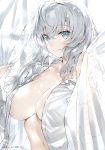  1girl absurdres ahoge bangs blue_eyes blush bottomless breasts cleavage closed_mouth curtains eyebrows_visible_through_hair hair_between_eyes highres kou_mashiro large_breasts long_hair long_sleeves looking_at_viewer naked_shirt navel no_bra open_clothes open_shirt original scan shirt silver_hair smile solo standing white_shirt window 