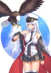  1girl absurdres azur_lane bald_eagle bare_shoulders bird black_coat black_legwear black_neckwear black_skirt blue_sky blush breasts cloud coat collarbone eagle enterprise_(azur_lane) eyebrows_visible_through_hair hair_between_eyes highres light_smile long_coat long_hair looking_at_viewer lordol medium_breasts necktie off-shoulder_coat pleated_skirt purple_eyes shirt silver_hair skirt sky sleeveless sleeveless_shirt solo thighhighs very_long_hair white_background white_shirt 