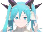  1girl aqua_eyes aqua_hair aqua_nails bodysuit commentary expressionless hands_up hatsune_miku headgear headphones long_hair looking_up neon_trim odds_&amp;_ends_(vocaloid) portrait solo twintails uki_atsuya vocaloid white_background 