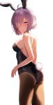  1girl absurdres ahegao animal_ears bare_back bare_shoulders bunny_ears bunny_girl bunny_tail bunnysuit fake_animal_ears fate/grand_order fate_(series) from_side gadeung_hye hair_over_one_eye highres looking_at_viewer mash_kyrielight purple_eyes purple_hair short_hair simple_background solo tail white_background 