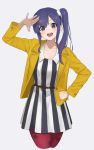  1girl :d absurdres bangs belt dress eyebrows_visible_through_hair green_eyes grey_background hair_between_eyes hair_tie hand_on_hip highres imai_midori jacket long_ponytail open_clothes open_jacket open_mouth parted_bangs patterned_clothing purple_hair red_legwear salute shirobako side_ponytail sidelocks smile striped striped_dress takita_(takita3411) yellow_jacket 