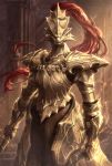  1boy absurdres armor blurry blurry_background breastplate chainmail commentary_request cowboy_shot dark_souls dragon_slayer_ornstein electricity gauntlets helmet highres holding_polearm long_hair looking_at_viewer michairu polearm shoulder_armor solo souls_(from_software) very_long_hair weapon 