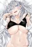  1girl absurdres areolae bangs bare_shoulders black_bra blue_eyes blush bra breasts collarbone eyebrows_visible_through_hair hair_between_eyes highres kou_mashiro large_breasts long_hair looking_at_viewer lying mole mole_on_breast navel nipples on_back open_clothes open_shirt original page_number pulled_by_self scan shirt silver_hair simple_background smile solo stomach underwear upper_body white_shirt 