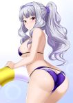  1girl absurdres ass bikini blush breasts butt_crack eyebrows_visible_through_hair hairband highres idolmaster idolmaster_(classic) innertube large_breasts long_hair looking_at_viewer ponytail purple_eyes scrunchie shibata_rai shijou_takane sideboob silver_hair simple_background smile solo swimsuit 