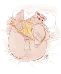  2020 absurd_res anthro balls blush bodily_fluids brown_body brown_fur butt clothing fur genitals hi_res humanoid_hands kemono koda-kota lying male mammal overweight overweight_male penis pillow solo sweat underwear undressing ursid 
