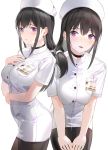  1girl bangs black_choker black_legwear blush breasts choker commentary_request hair_between_eyes hair_over_shoulder hand_on_own_chest hands_on_own_thighs hat highres id_card kfr large_breasts leaning_forward long_hair low_tied_hair nurse nurse_cap open_mouth original pantyhose purple_eyes sidelocks 